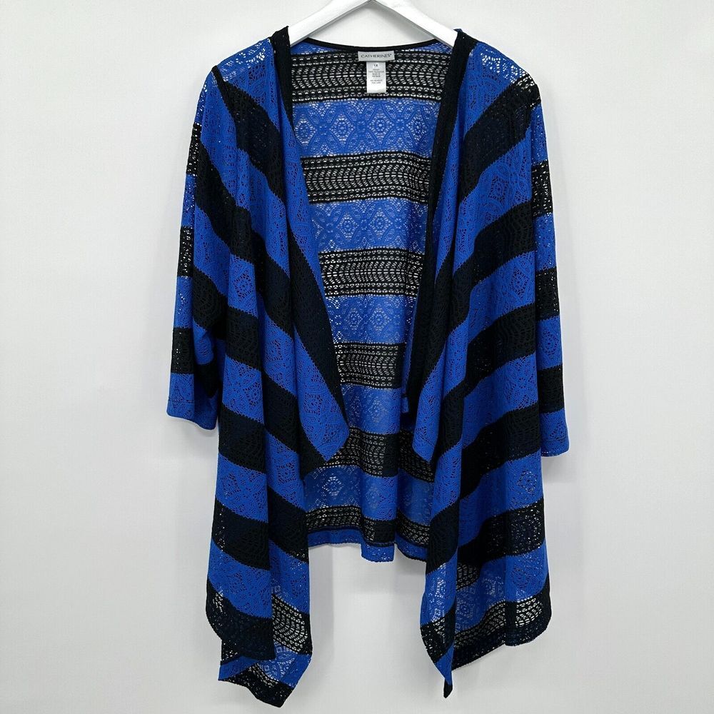 Catherines Tunic Cardigan Duster Top Size 1X Blue Sheer Lace Open Front‎ Stretch